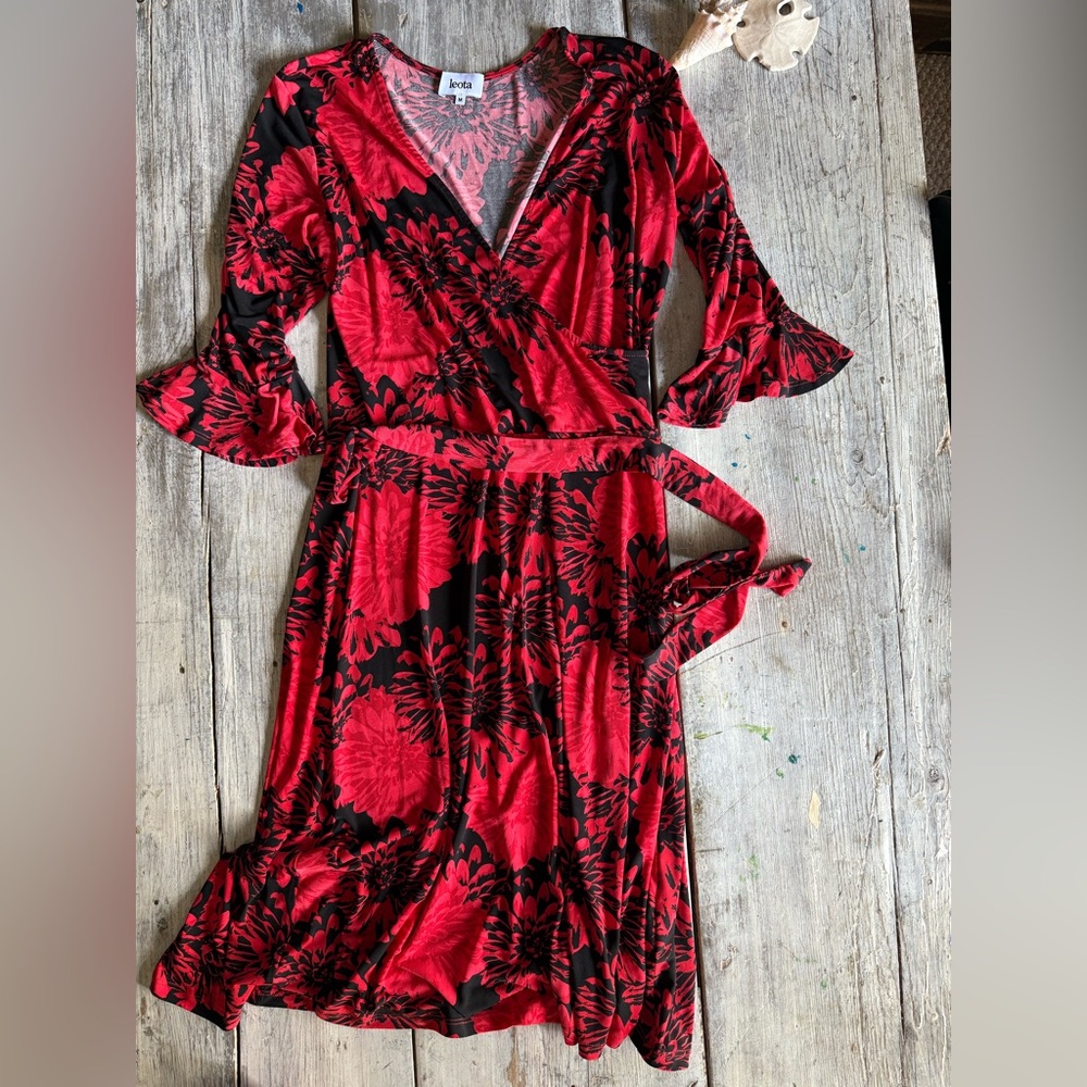 Leota Red and Black Floral Wrap Dress